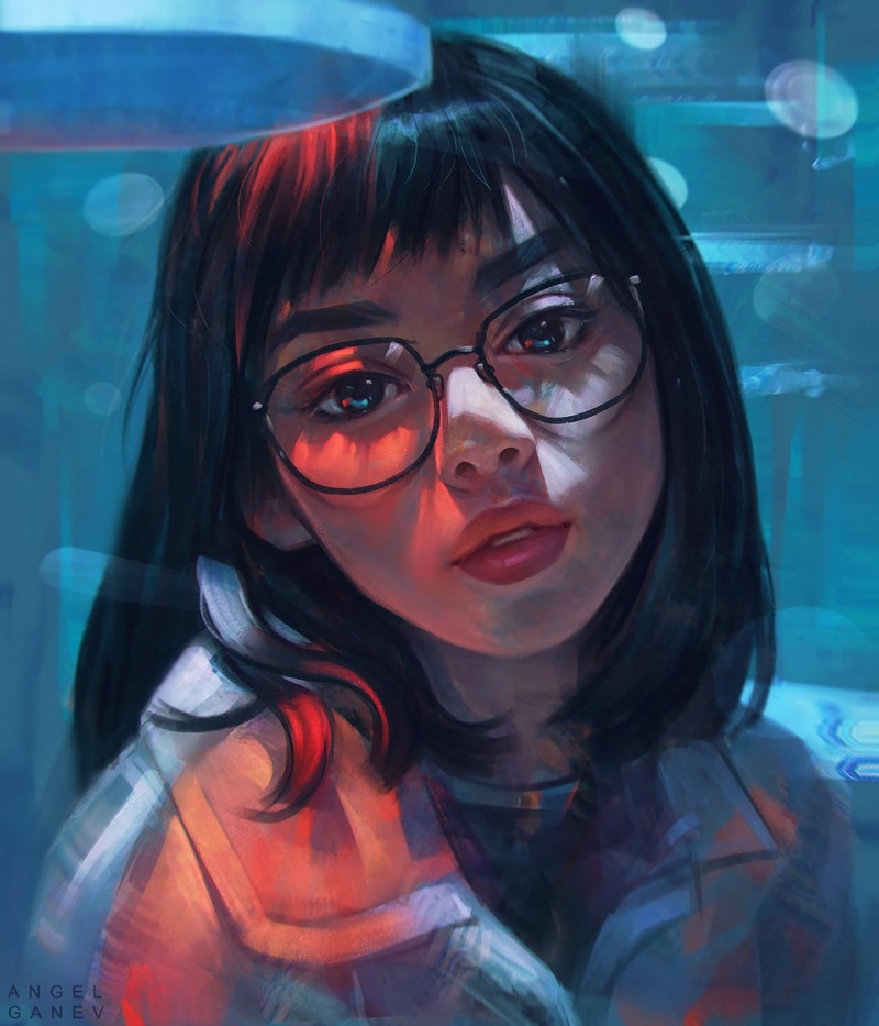 2D, 720P, brunette, women, digital painting, artwork, drawing, painting, Angel Ganev, glasses, illustration, women with glasses, digital art