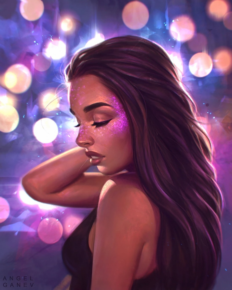 profile, 720P, portrait, digital art, lights, closed eyes, face, brunette, digital painting, long hair, illustration, artwork, painting, women, drawing