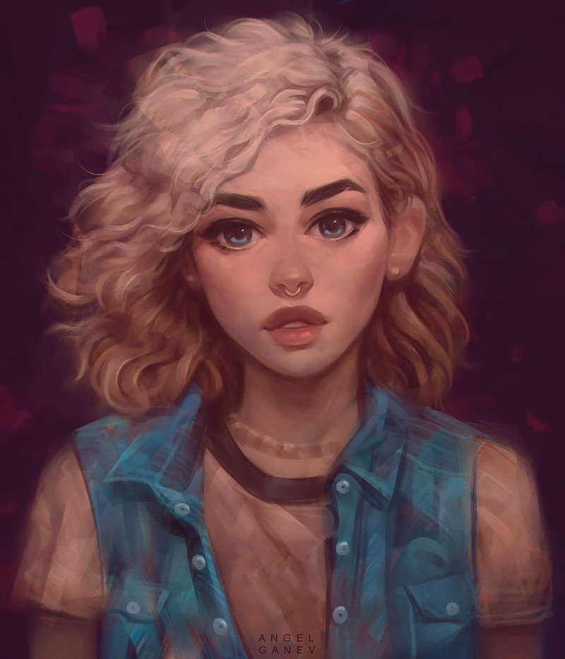 portrait, Angel Ganev, blue eyes, artwork, T-shirt, face, blonde, digital art, denim, women, illustration, jeans jacket, dark background, drawing, pierced septum