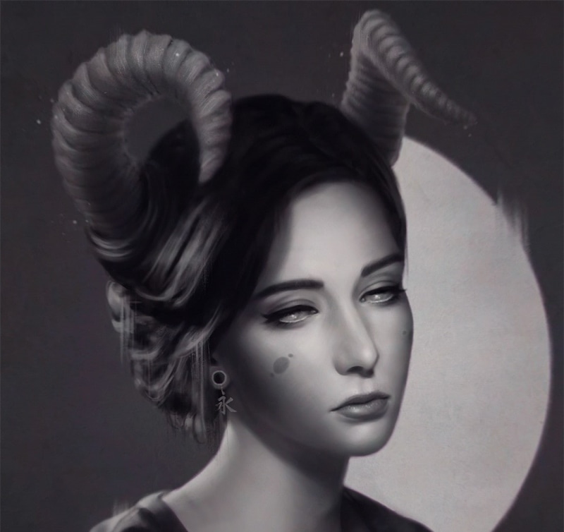 hairstyle, beautiful people, one person, moon, fantasy, beautiful woman, frumusete, human face, demon, black, angel ganev, portrait, horns, bw, make-up