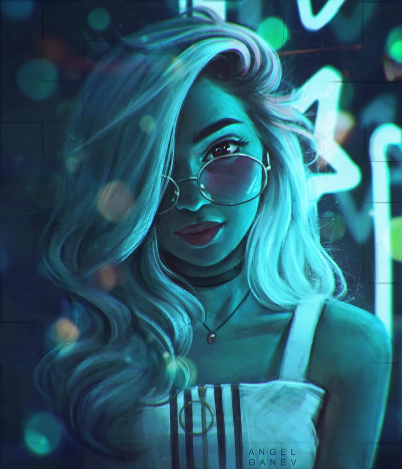 drawing, digital painting, portrait, hair in face, painting, Angel Ganev, 720P, digital art, illustration, artwork, 2D, cyan, sunglasses, necklace, women