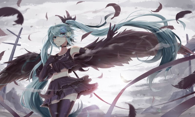 Tears, Hatsune Miku, 1080P, Vocaloid, Feather, Fallen Angel, Anime