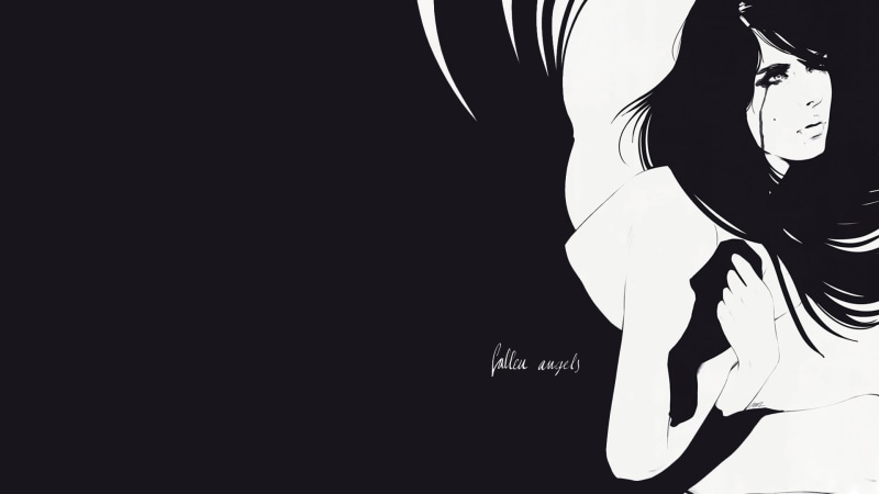 text, leisure activity, midsection, studio shot, artwork, silhouette, lifestyles, fallen angel, Manuel Rebollo, women, close-up, black background, one person