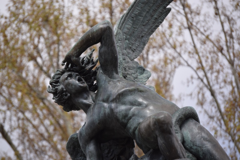 horrified, angel, no people, creativity, craft, plant, statue, lucifer, 2K, focus on foreground, tree, sculpture, nature, outdoors, human representation