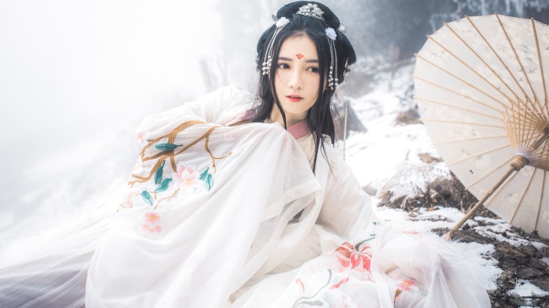 black hair, Chinese dress, hanfu, headdress, 1080P, white dress, Asian
