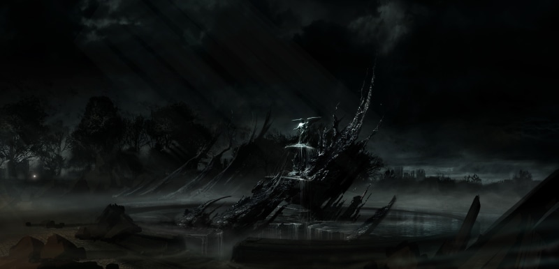 statue, drawing, abstract, angel, trees, clouds, 2K, black, digital art, fountain, sun rays, dark, night
