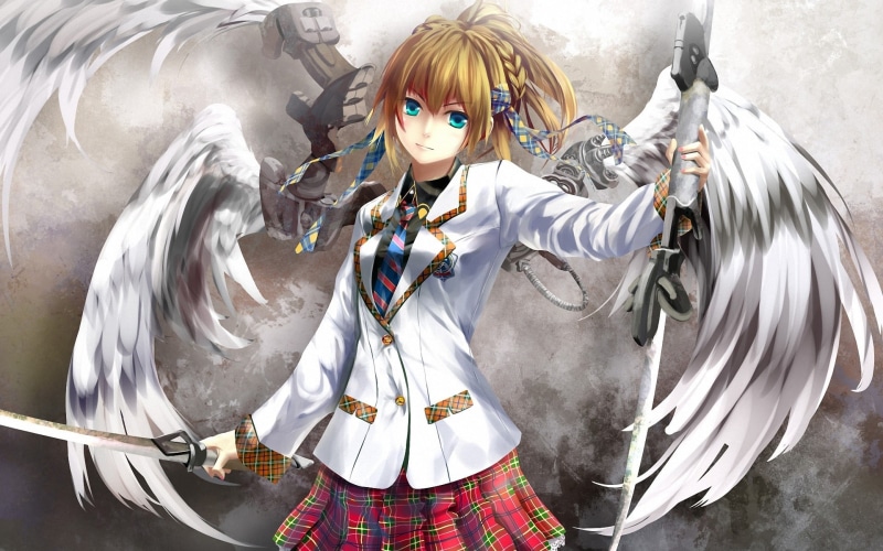 Anime, Angel, Girl, drawing, Sword, white, holding, Weapon, katana, jacket, 1080P, suit