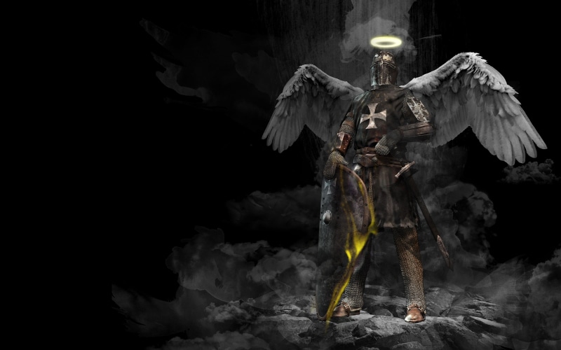 illuminated, sword, clothing, religion, shield, halo, night, nature, water, standing, knight, black background, real people, dancing, full length, warrior