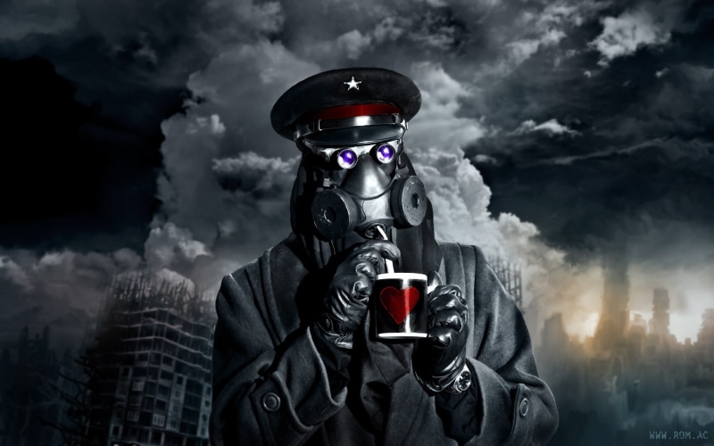 mask, front view, cloud - sky, 720P, warning sign, smoke - physical structure, sky, men, security, technology, waist up, Vitaly S Alexius, uniform, clothing