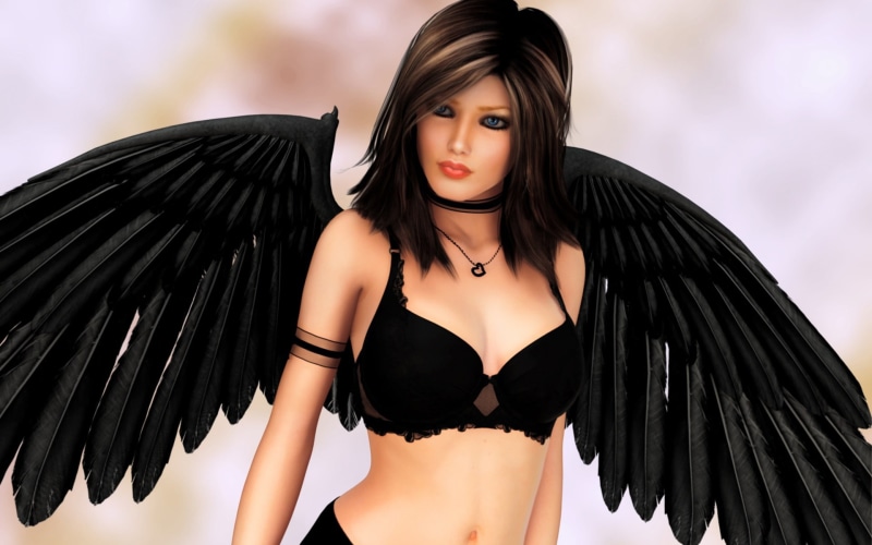 1080P, Angel, Girl, Black, Wings, Fantasy