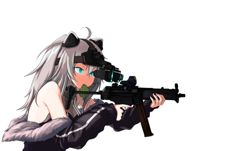 anime girls, girls with guns, Hololive, anime, Shishiro Botan, night vision goggles, 1080P, Virtual Youtuber, white background