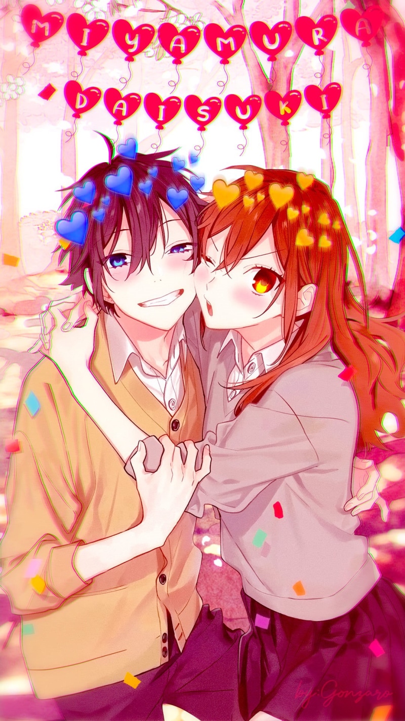 1080P, pink background, school uniform, anime boys, Miyamura Izumi, blue hair, cherry trees, blue eyes, Hori Kyouko, love, anime girls, happy face, school