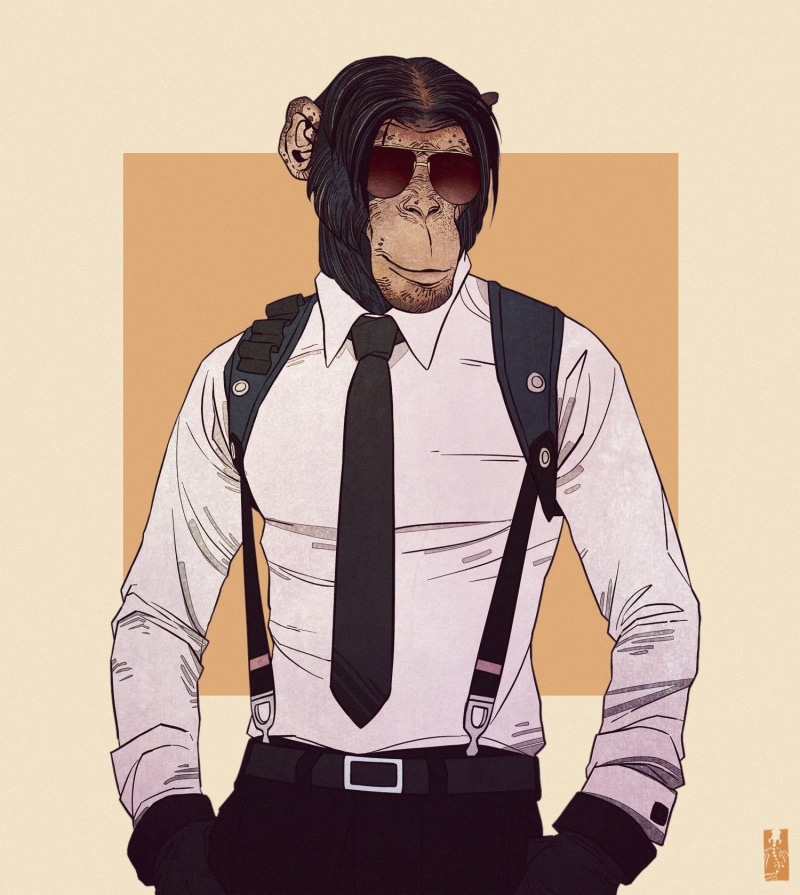 animals, dress, Zarnala, illustration, monkey, adult, men, bizarre, retro styled, shirt, looking at camera, menswear, front view, mask, character design 