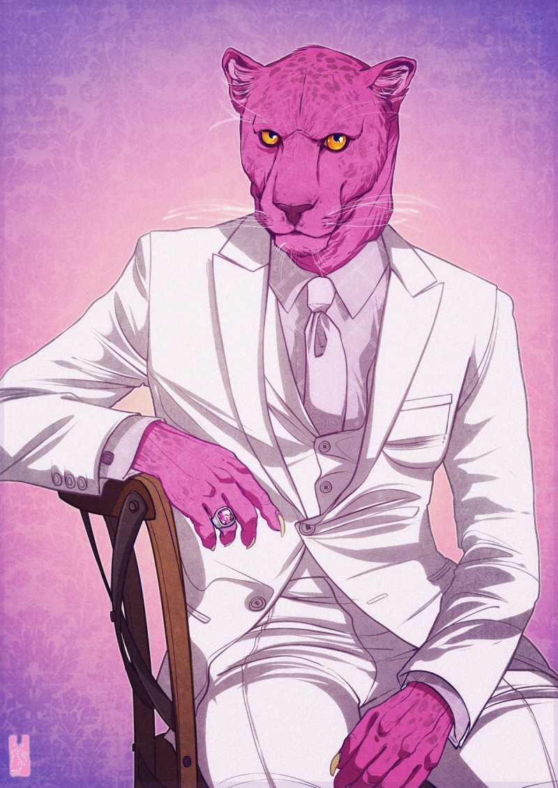 digital composite, obscured face, indoors, studio shot, mammal, Anthro, animal, Kim Nguyen, exotic, representation, bizarre, animal imitation, pink color