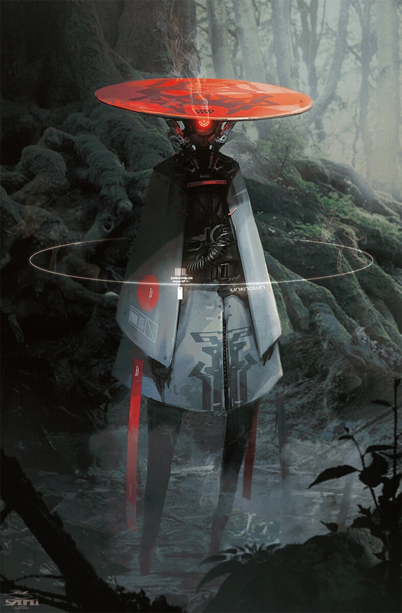 science fiction, robot, digital art, forest, trees, samurai, character design, 1080P, smoke