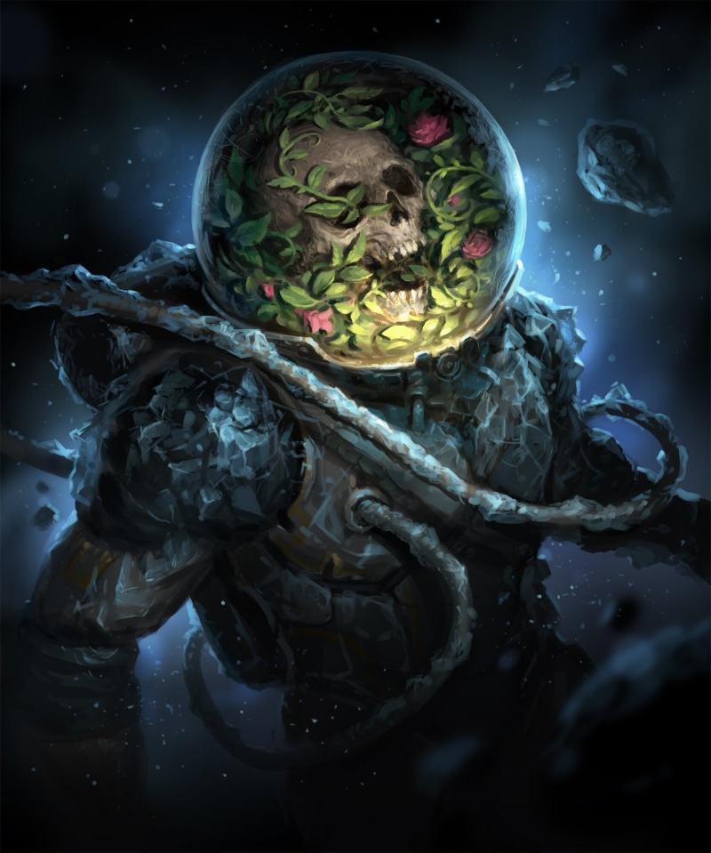 ice, science fiction, flowers, space, character design, skull, rose, astronaut, asteroid, 1080P