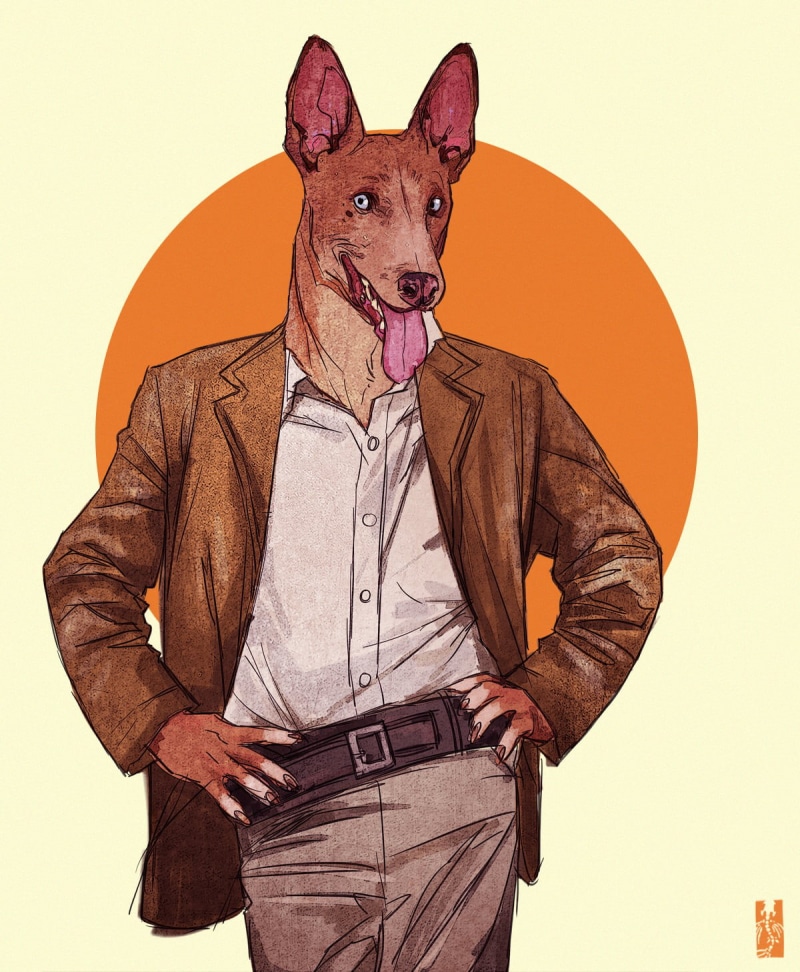 brown, disguise, character design, front view, obscured face, looking at camera, dog, pets, Anthro, Zarnala, humor, standing, domestic, fun, exotic, portrait