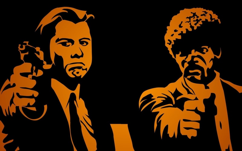movie, men, movies, pulp, 1080P, jacket, pistols, holding, fiction, hd, orange, black, illustration, suit