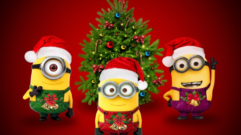 christmas tree, santa claus, minions, minion, event, yellow, animal themes, characters, holiday - event, Christmas, holiday, celebration, red, animal, plant