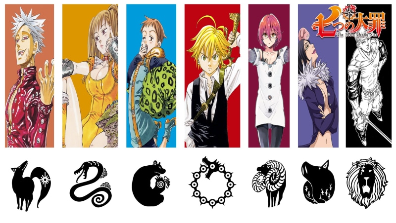 standing, anime girls, anime boys, symbol, Nanatsu no Taizai, multi colored, colorful, deadly, ornate, 1080P, backgrounds, computer Graphic