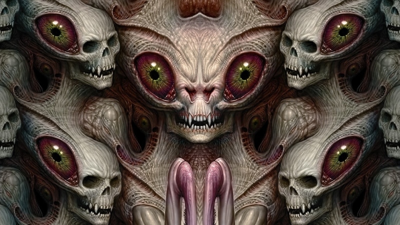 drawing, no people, 1080P, full frame, large group of objects, aliens, outdoors, mask, disguise, monster - fictional character, skull, design
