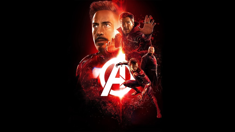 black background, Tom Holland, Spider-Man, Iron Man, fiction, 4K, MARVEL, Robert Downey Jr., poster, Peter Parker, Doctor Strange, Avengers: Infinity War