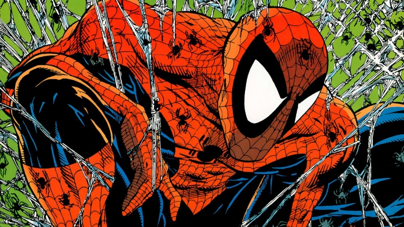 comics, plant, tree, low angle view, built structure, shape, sky, orange color, building, building exterior, Spider-Man, day, spider, communication, art and craft