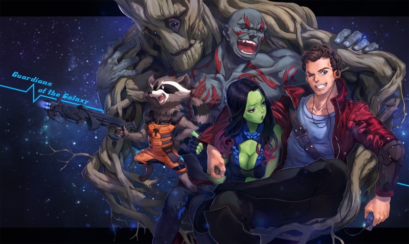 mhk, gamora, guys, drax the destroyer, smile, guardians of the galaxy, art, weapons, hugs, rocket racoon, peter quill, groot, girl, embarrassment, 1080P