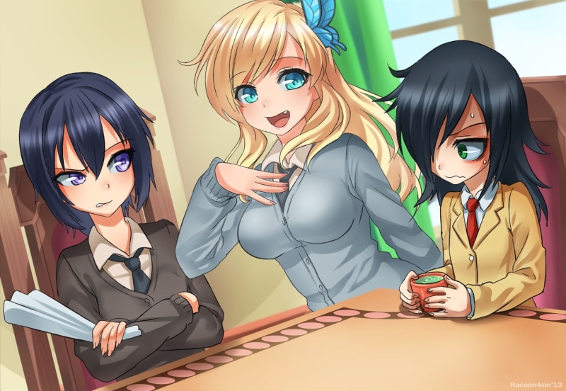blonde, yozora, tomoko, blue, boku, hair, kashiwazaki, sukunai, sena, tomodachi, green, black, eyes, crossover, racoon kun, 720P, seifuku, kuroki, purple