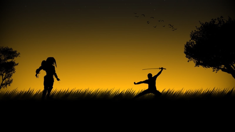 samurai, two people, sky, outdoors, leisure activity, lifestyles, holding, togetherness, Alien vs. Predator, land, sword, real people, Predator (movie)