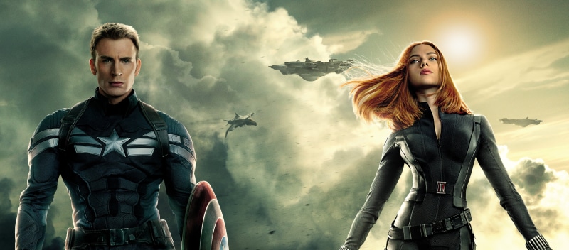 weapon, aggression, Steve Rogers, sky, Shield, 2014, Movie, Girl, Men, black, Captain America 2, conflict, The Winter Soldier, two people, heroes, Chris Evans
