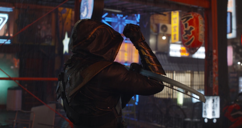 Japan, Marvel Comics, Marvel Cinematic Universe, men, film stills, Avengers Endgame, rain, 1080P, Hawkeye, katana, movies, Ronin, MCU, hoods, Jeremy Renner