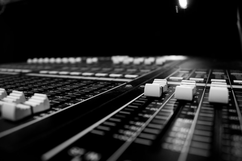 sound recording equipment, system, radio station, communication, selective focus, control panel, panel, sound mixer, indoors, equipment, knob, mixing console