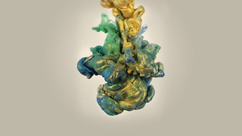 mixing, paint in water, close-up, single object, liquid, painting, Alberto Seveso, indoors, gray, cut out, studio shot, green, 1080P, green color, white background