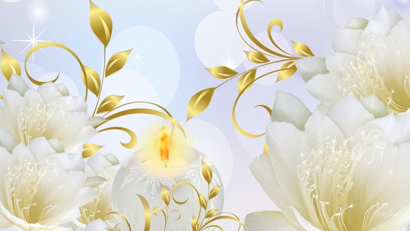 pure, spring, 1080P, flowers, white flowers, candle, delicate, flame, 3d and abstract, sacred, purity, summer, gold leaf