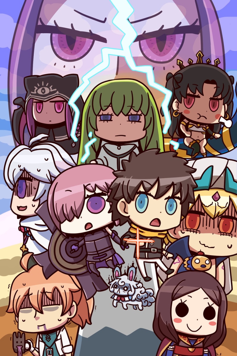 Fujimaru Ritsuka, Shielder (Fate/Grand Order), 720P, Fate/Grand Order, brunette, Medusa (Lancer), Fate Series, looking at viewer, chibi, white hair, FGO