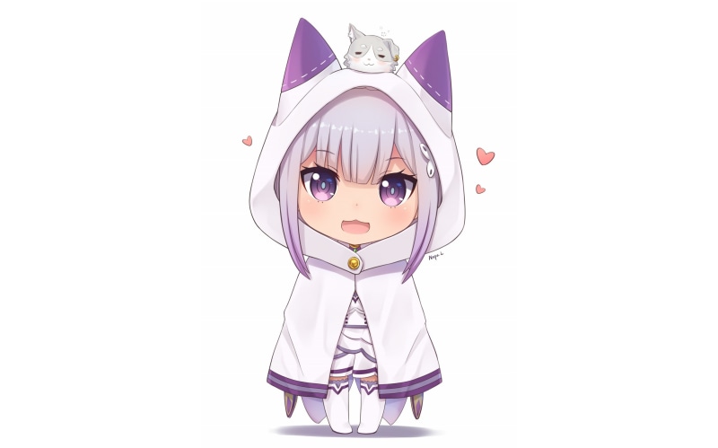 Puck (Re:Zero), Emilia (Re: Zero), purple eyes, Re:Zero Kara Hajimeru Isekai Seikatsu, thigh-highs, dress, grey hair, white background, 2K, cape, chibi