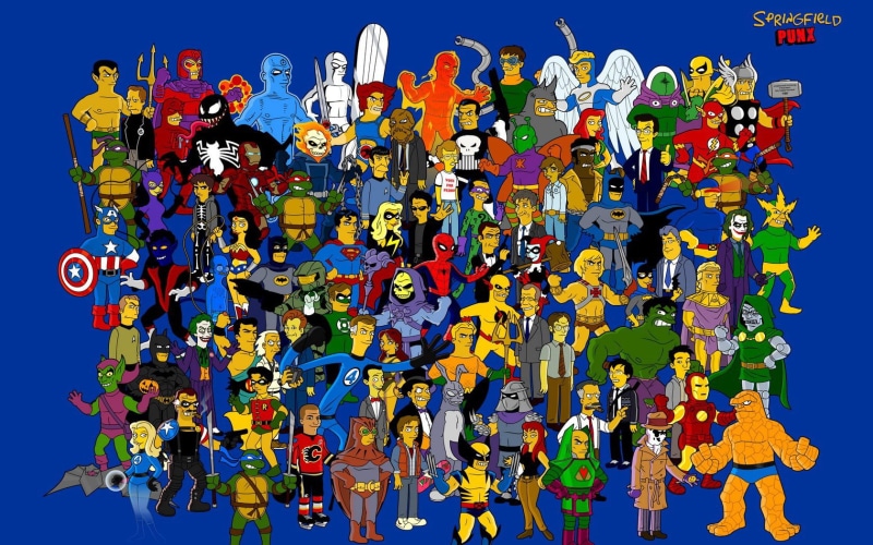 Marge Simpson, He-Man, men, boys, large group of objects, Wolverine, blue, Superman, creativity, celebration, abstract, Fantastic Four, people, Iron Man