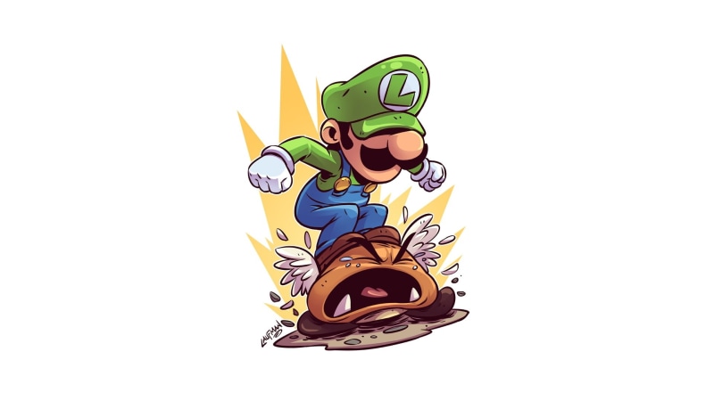 Super Mario, Nintendo, Derek Laufman, video games, 1080P, Super Mario Bros., simple background, artwork, minimalism, white background, Luigi, digital art