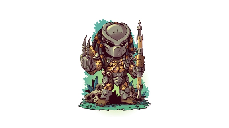 predator (creature), spear, white background, Derek Laufman, mask, Alien vs. Predator, 1080P, simple background, artwork