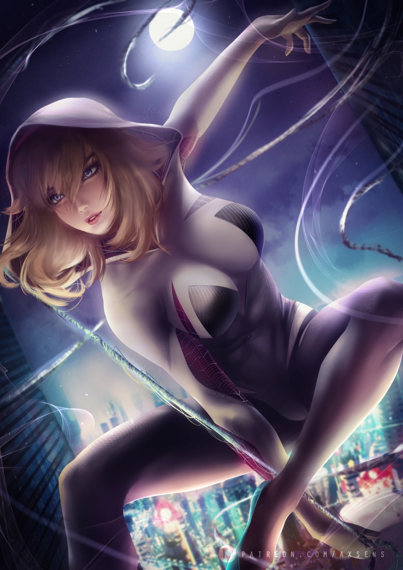 fan art, Marvel Comics, artwork, digital art, blonde, Spider Gwen, axsens, superheroines, fantasy girl, 4K, portrait display, Gwen Stacy