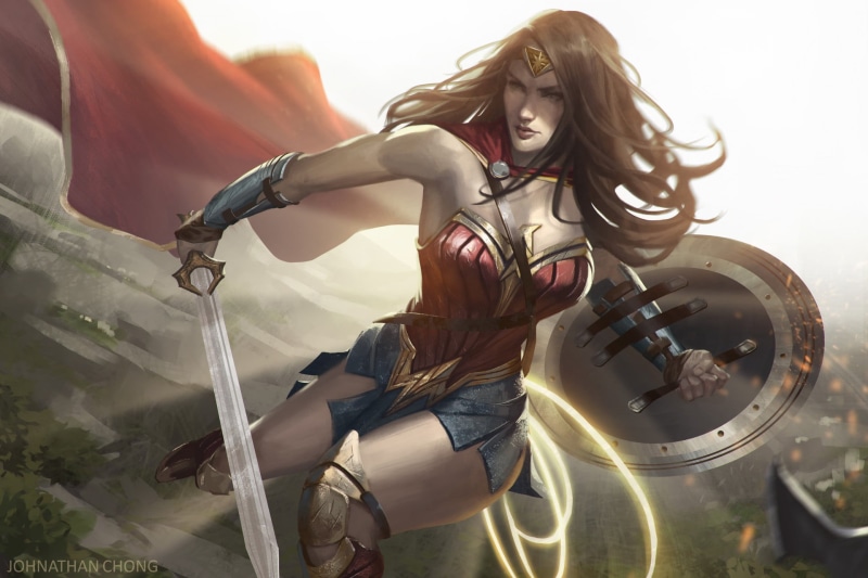 artwork, standing, real people, three quarter length, leisure activity, beauty, young women, one person, wonder woman, adult, 1080P, hairstyle, young adult