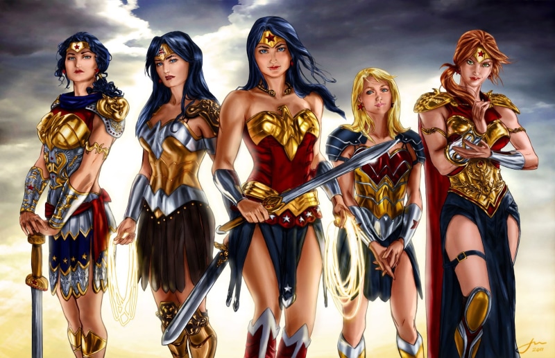 standing, arts culture and entertainment, DC Comics, women, Diana Prince, Artemis (Wonder Woman), front view, art and craft, group of people, beautiful woman