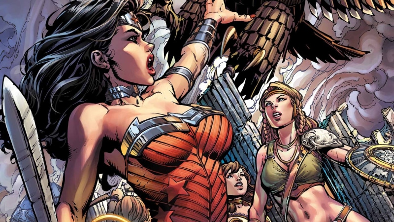 digital art, sword, Wonder Woman, warrior, costume, fantasy, artwork, shield, fantasy art, Diana Prince, comics, blue eyes, DC Comics, superhero, battle