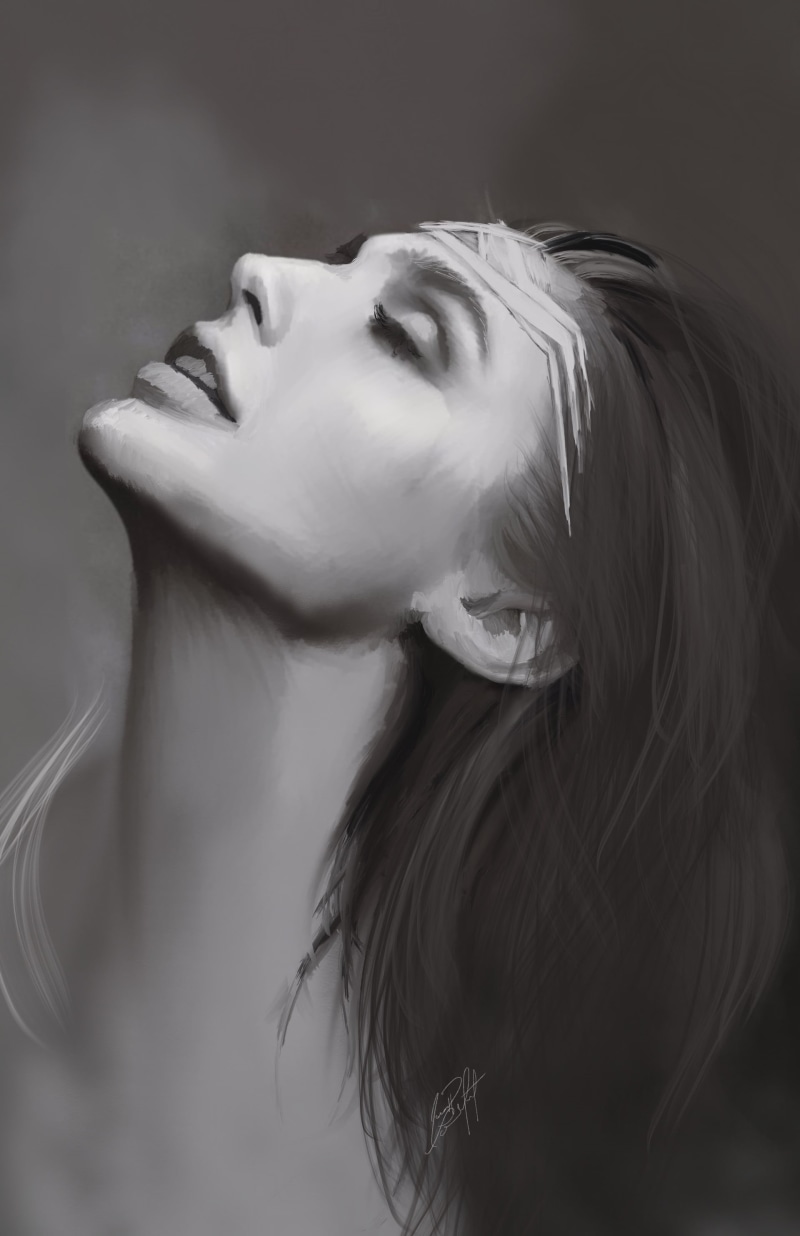 young woman, open mouth, closed eyes, Diana (wonder woman), long hair, artwork, drawing, ArtStation, pencil drawing, portrait display, crown, simple background