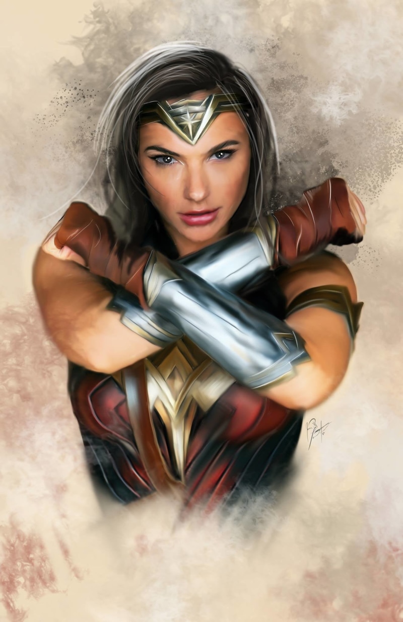 crown, digital painting, black eyes, fists, arms, artwork, arm warmers, red gloves, looking at viewer, eyes, drawing, DC Comics, ArtStation, red clothing