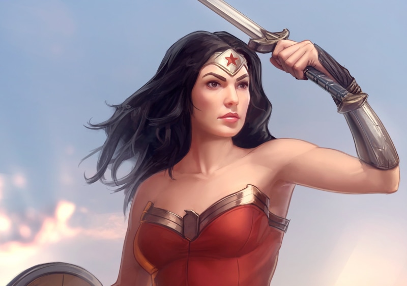 long hair, artwork, hair, young women, beauty, young adult, hairstyle, 1080P, sky, digital art, comic, wonder woman, women, standing, beautiful woman