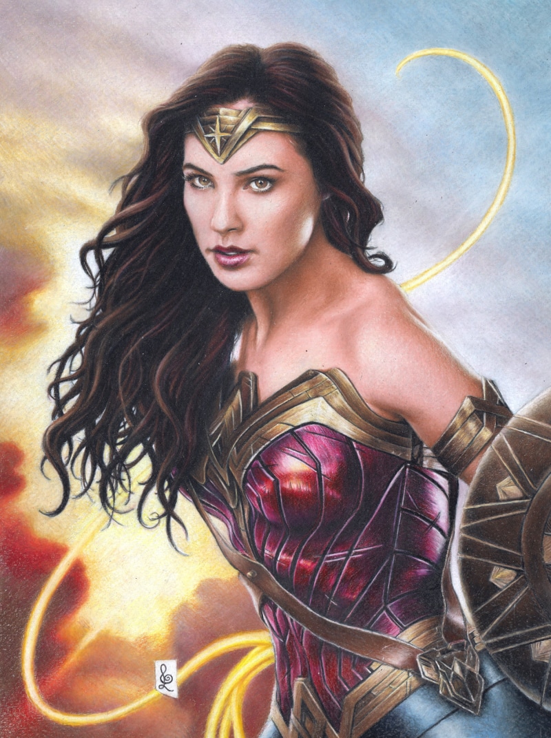 ArtStation, portrait display, Wonder Woman, long hair, shield, drawing, pencil drawing, brown eyes, bare shoulders, DC Comics, armor, 2K, diana prince