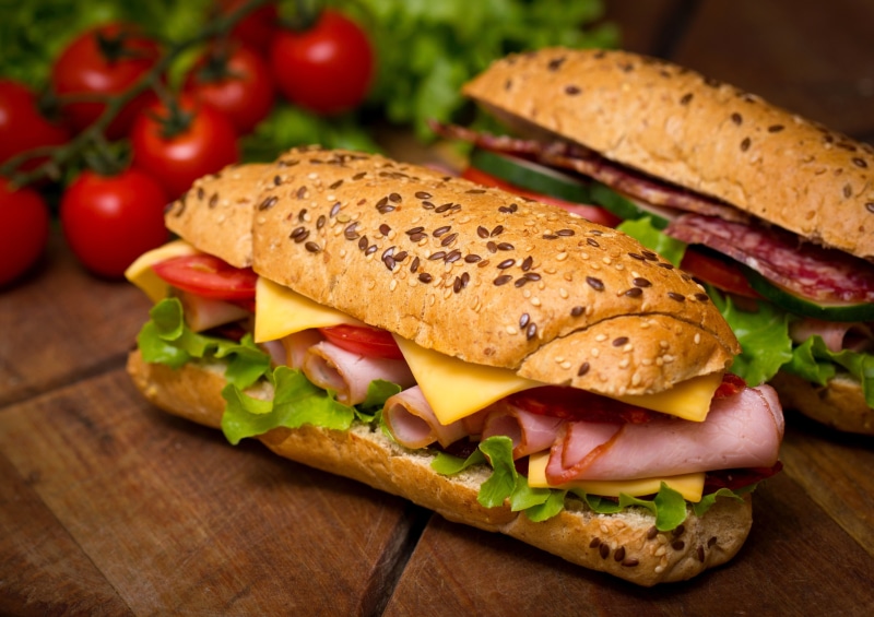 burger, bread, serving size, food, ham, lettuce, sandwiches, fruit, bun, sandwich, 4K, unhealthy eating, cheese, fast food, vegetable, table, sausage