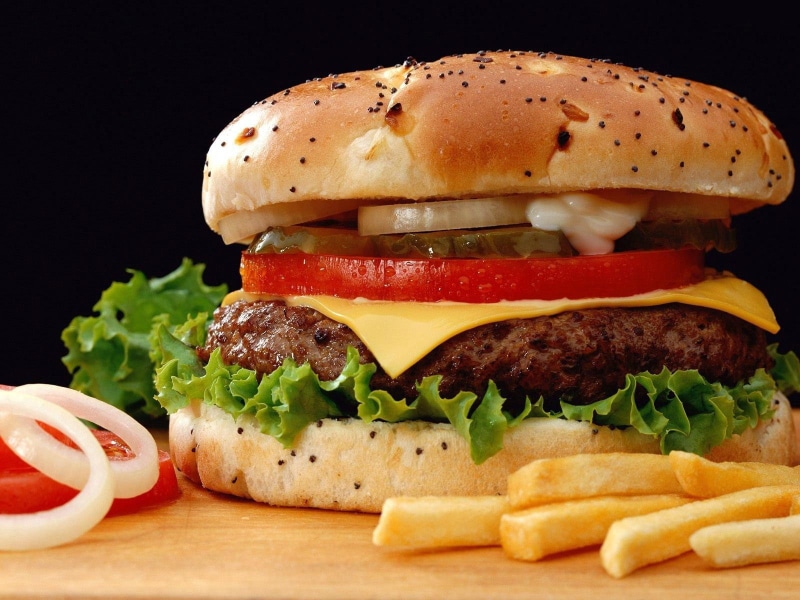 bun, beef, 720P, tomato, hamburger, no people, cheese, food, ready-to-eat, fruit, fast food restaurant, lettuce, take out food, bread, meal, sandwich